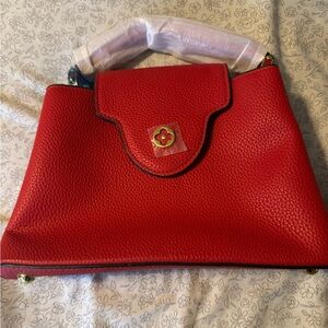 Elegant Red Pebbled Leather Top Handle Satchel | Structured Chic Bag